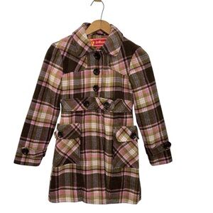 Dollhouse Girls 10/12 Wool Blend Plaid Brown Pink Green Pea Coat Trench Jacket
